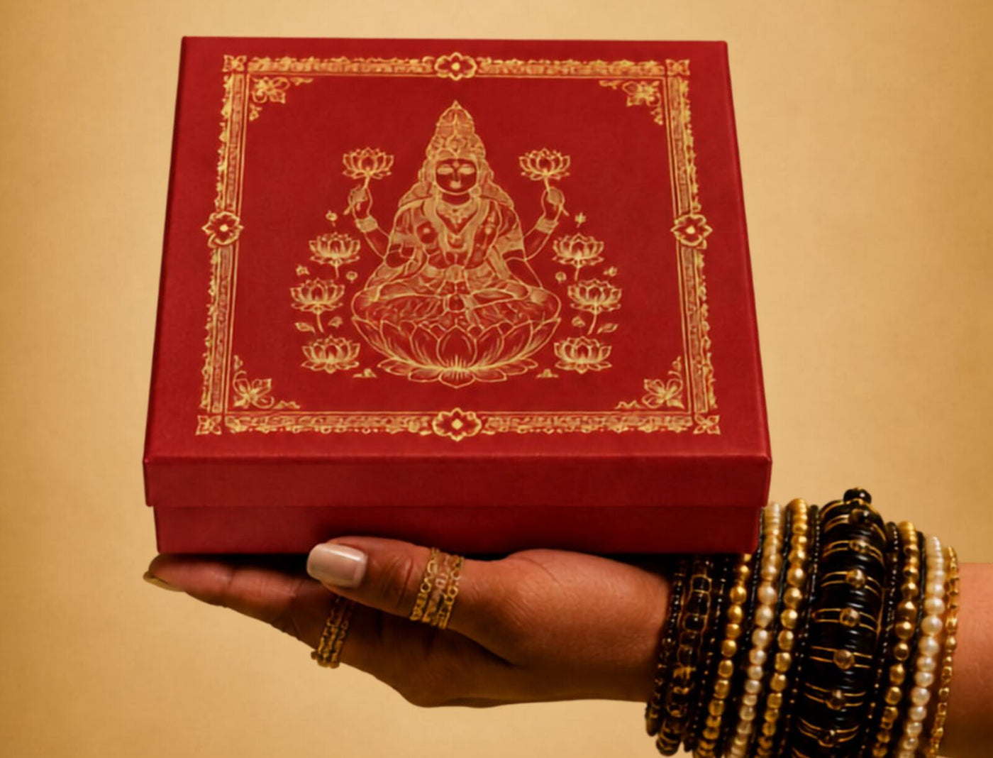 Hand holding the Aishwarya Laxmi gift box